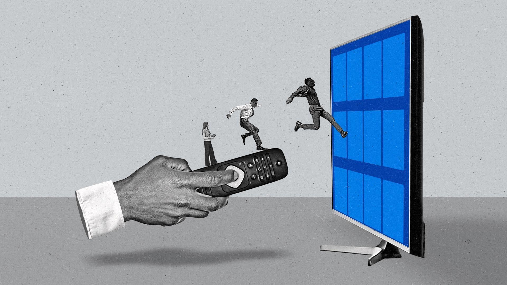 Three people in business casual attire enthusiastically leap upwards off of a hand holding a remote into a connected TV