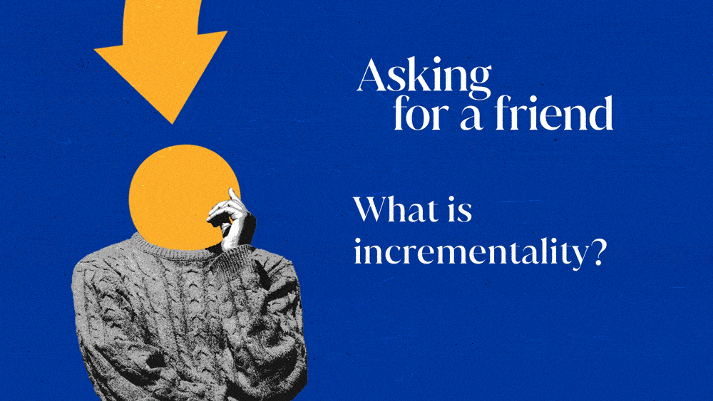 A question mark draws into frame, ending in the torso of a thinking person.