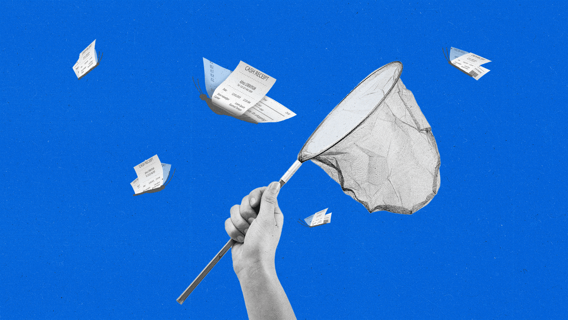 A hand with a butterfly net attempts to catch butterflies made of receipts.