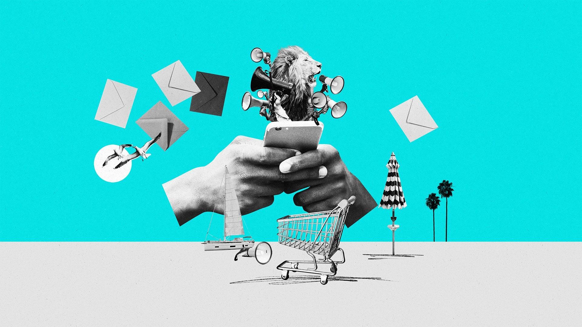 Two hands hold a smartphone with a lion and megaphones on top amidst falling envelopes, a shopping cart, a beach umbrella, and palm trees.