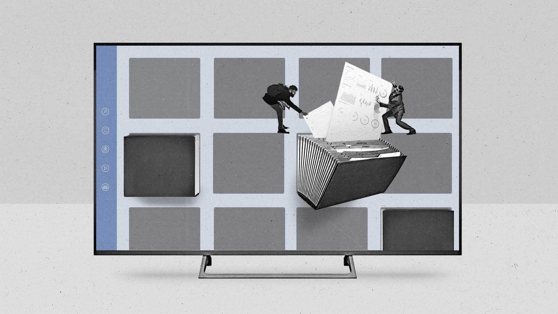 Two men within a Connected TV's streaming UI open up an app like a file cabinet and review papers with data.