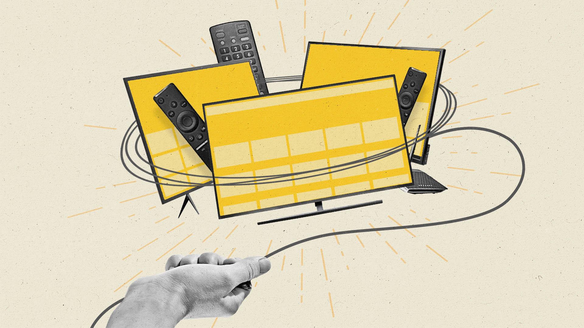 A hand uses a sketched lasso to round up smart devices and CTV remotes.