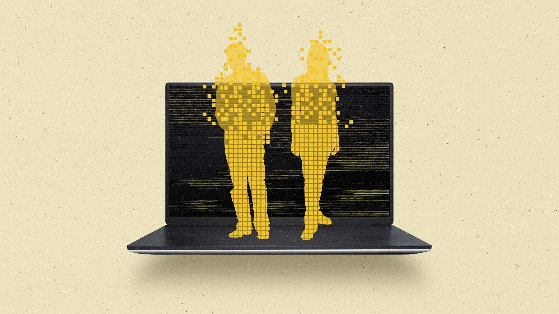 A man and a woman are rendered out of pixels on top of a laptop.