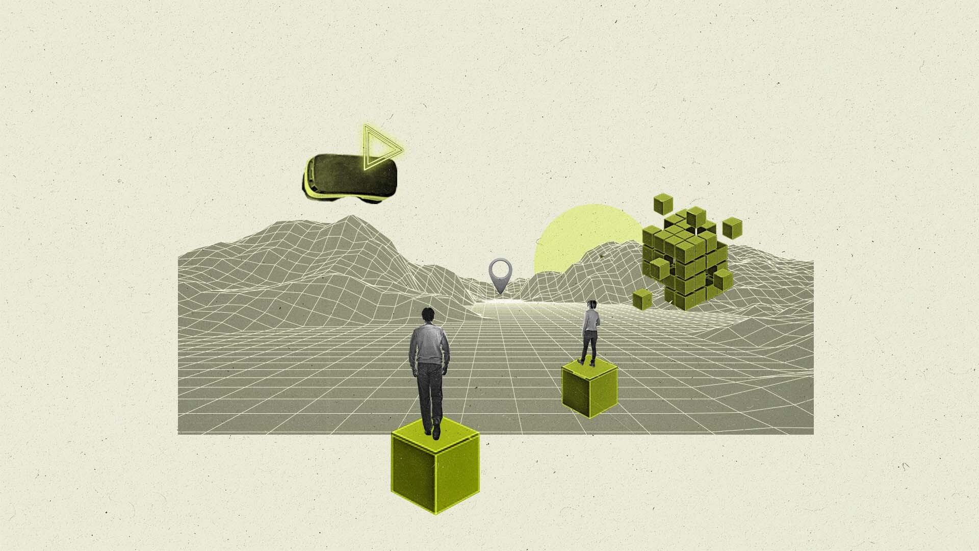 People standing on floating boxes enter a digital landscape with a play button and VR goggles on the horizon.