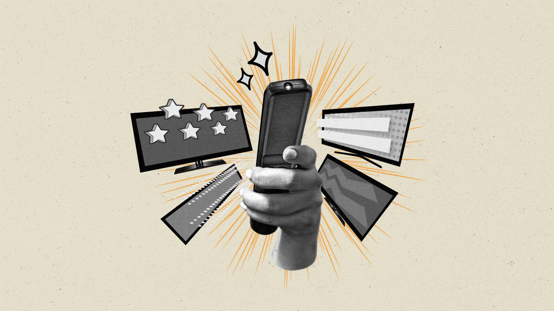 A hand holding a streaming remote is surrounded by televisions and anime visual elements.