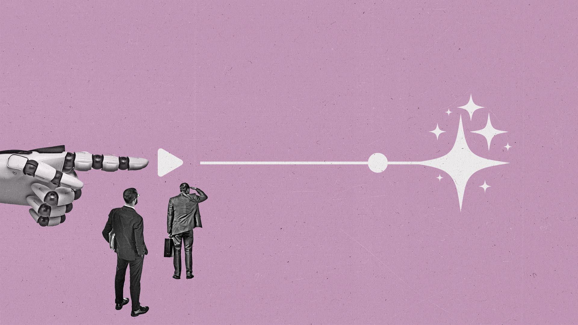 A robot hand points at a streaming UI progress bar that ends in a sparkle as two people look on.