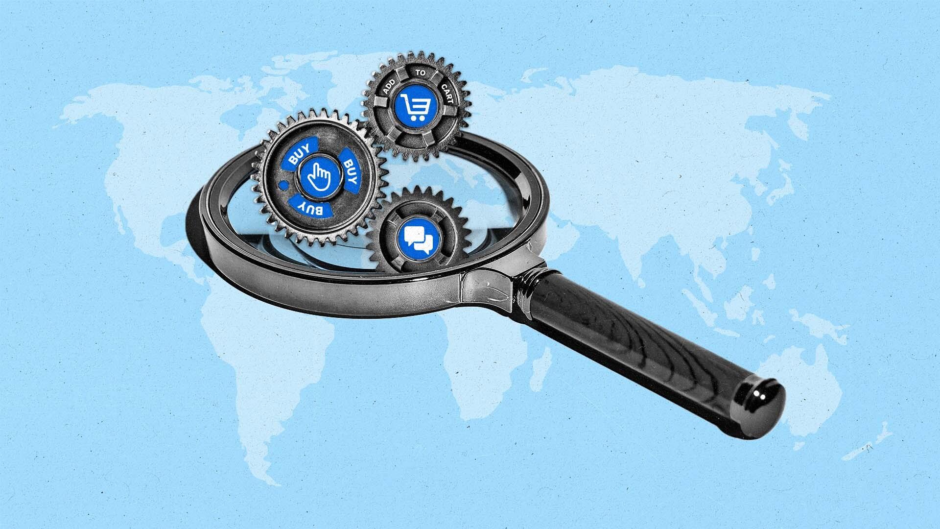 Looking glass set atop world map, with retail-media gears emerging from the glass frame.