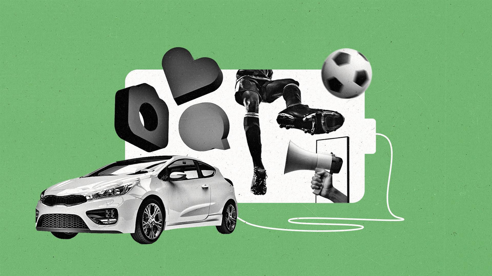 An electric vehicle being charged by a large battery containing social media icons, a soccer player, and a digital billboard.