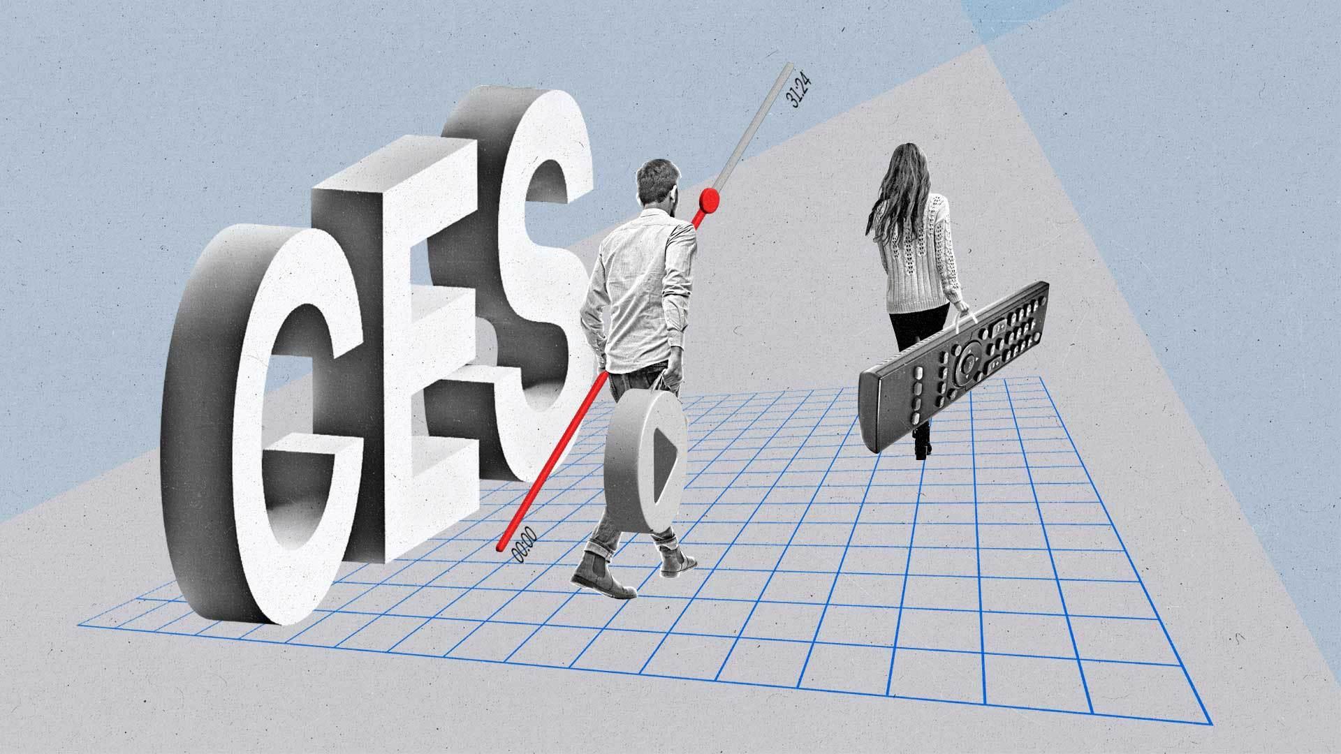 Atop a virtual grid, a man and a woman walk past 'CES' in large letters while holding a play button, a progress bar, and a streaming remote.
