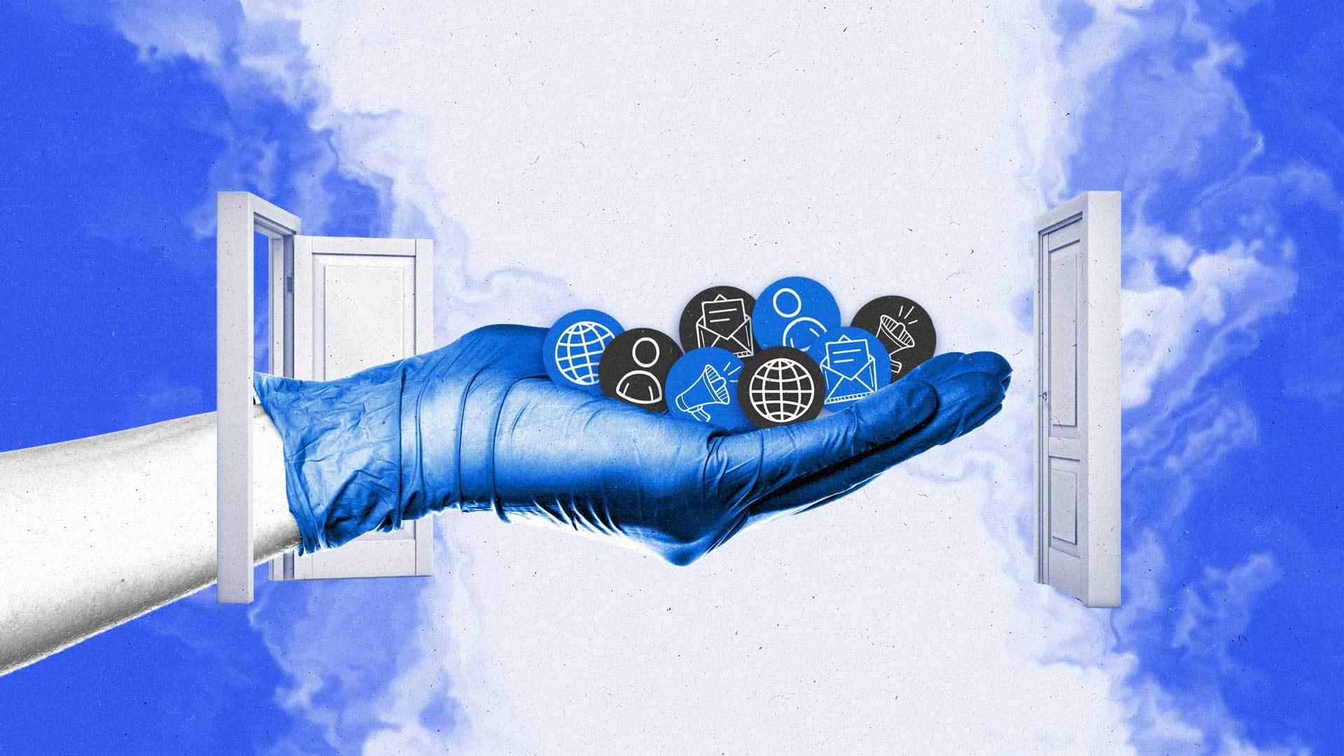 A hand with a blue glove holds various identifier icons in between two doors.