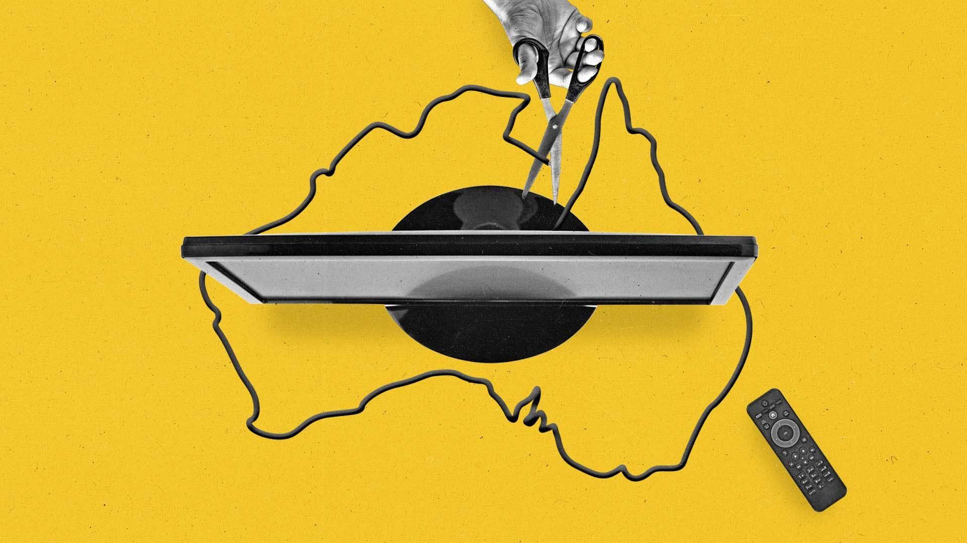 A hand holding a pair of scissors cuts a TV's coaxial cable upspooled in the shape of Australia.