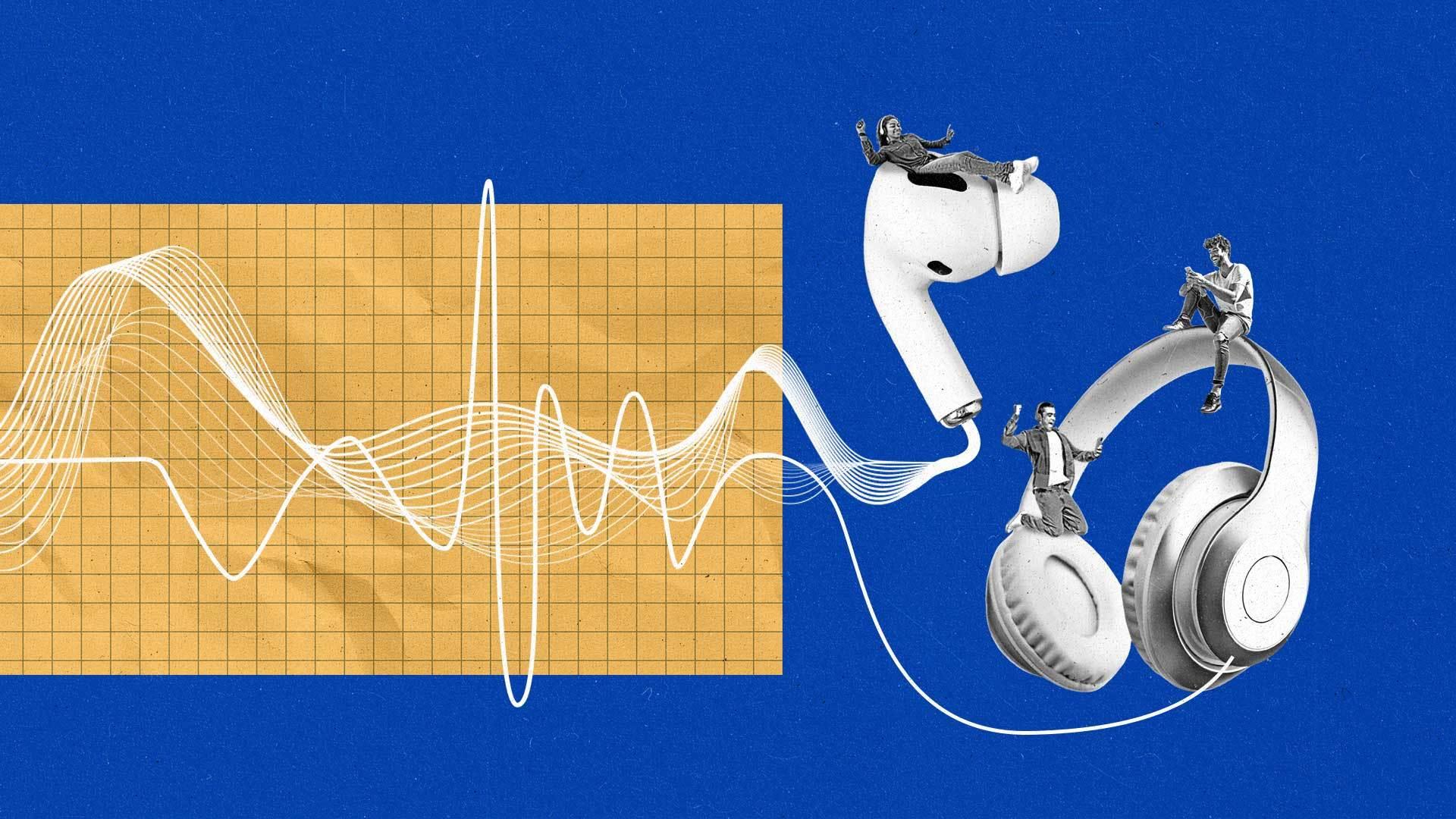 An airpod and a pair of headphones, with listeners riding on top of them, create waves reminiscent of line graphs in front of graph paper.