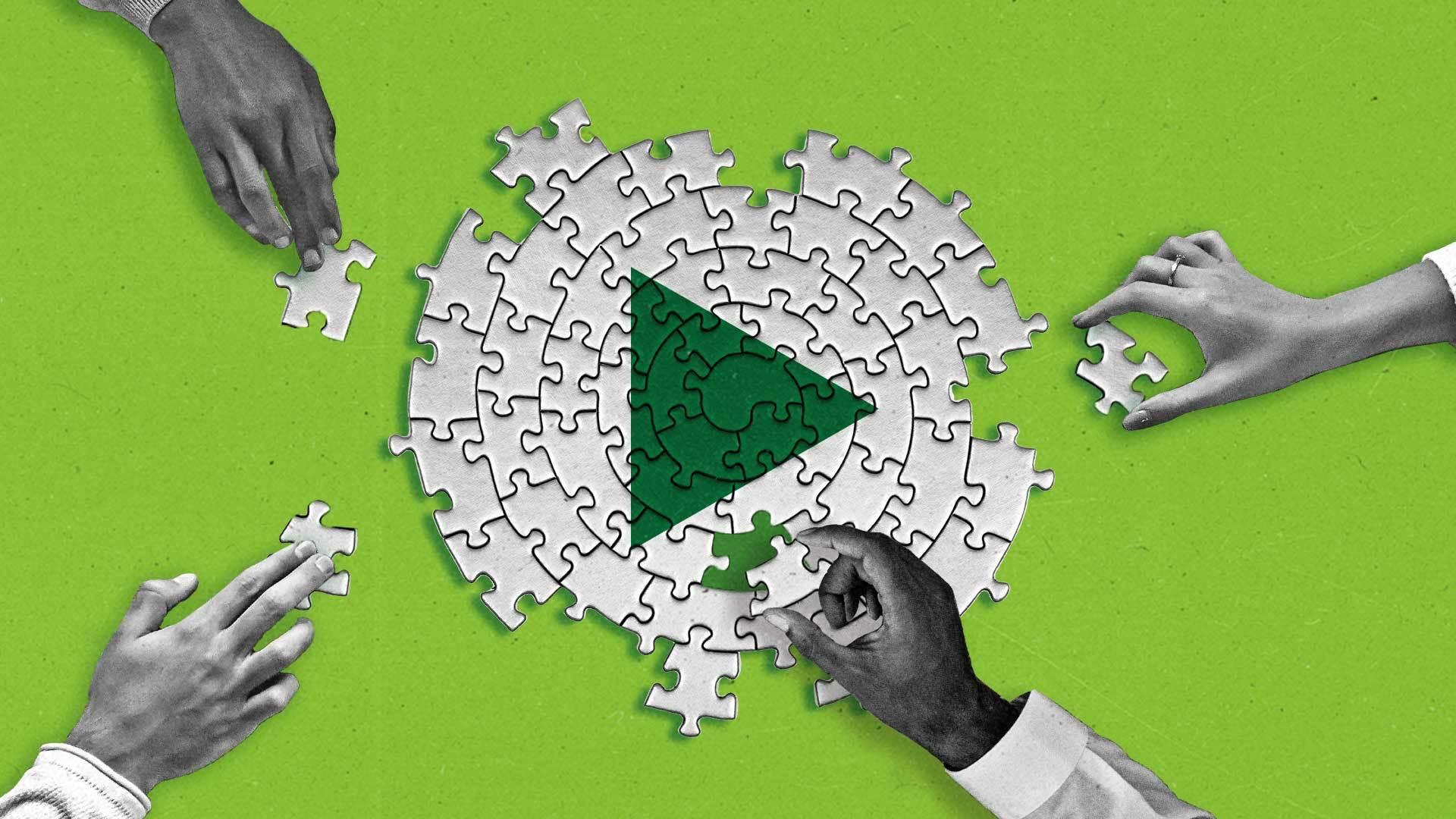Hands piecing together a circular puzzle to form a play button image.