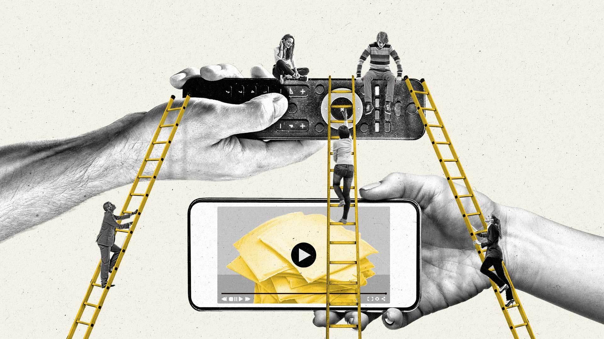 People climb ladders past a smartphone showing cheese slices to reach a connected TV remote.