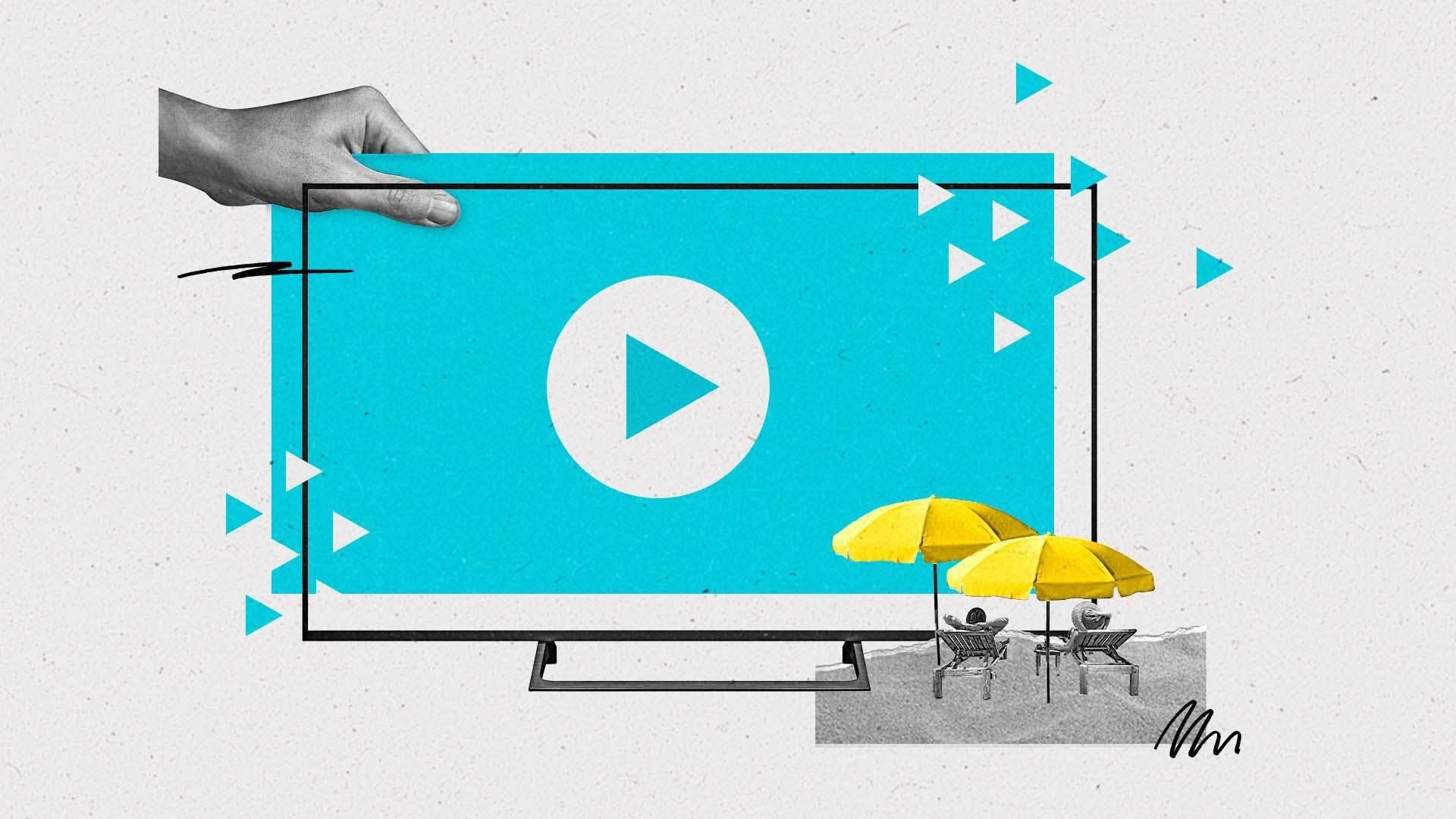 Two beachgoers under umbrellas watch a hand holding a blue screen behind a connected TV frame as play buttons pass in the sky.