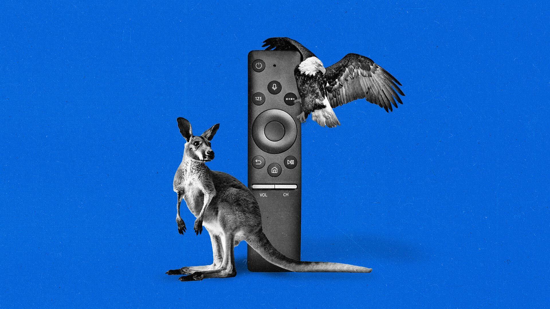An upright connected TV remote with a kangaroo standing to it's front and left, and a bald eagle perched on its upper right.