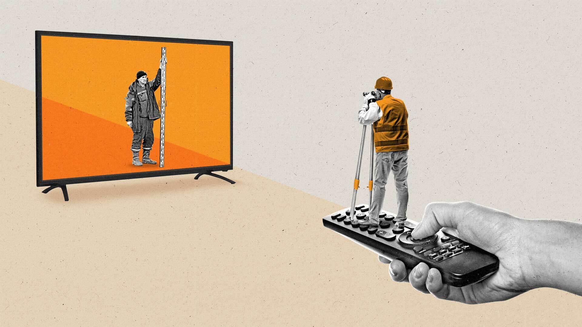 A surveyor standing on a remote control looks towards a man holding a leveling rod within a connected TV.