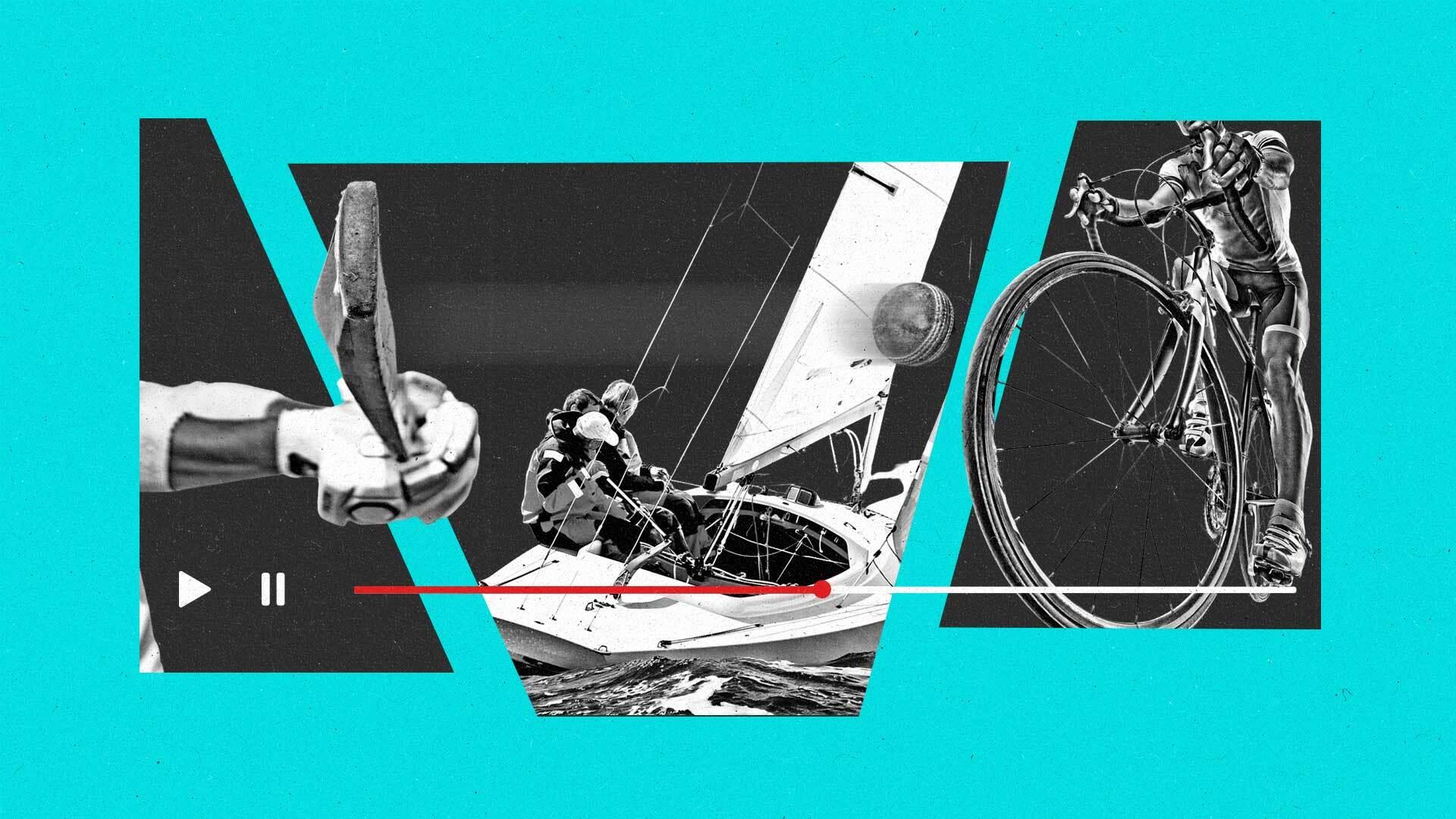 A fragmented connected TV screen shows a cricket bat and ball, a man sailing, and a man cycling as a progress bar passes across them.