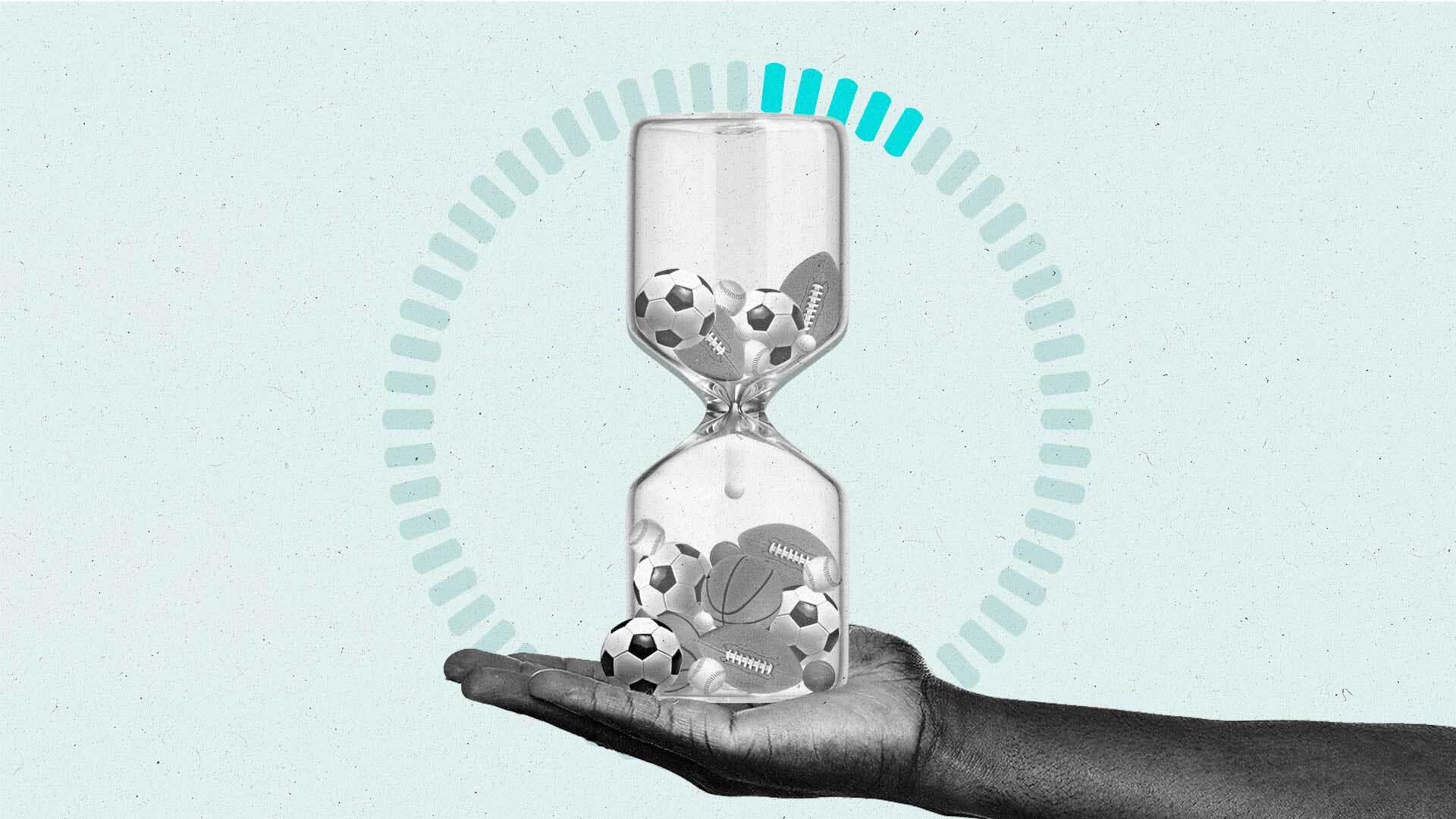 A hand holds an hourglass filled with various sports balls while a circular time measurement is illuminated in the background.