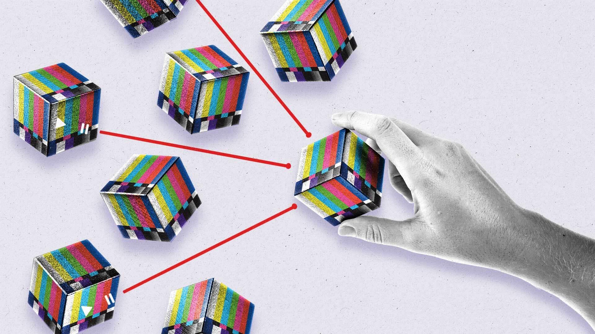 A hand holds a cube with TV test patterns as other, surrounding cubes connect progress bars to it.