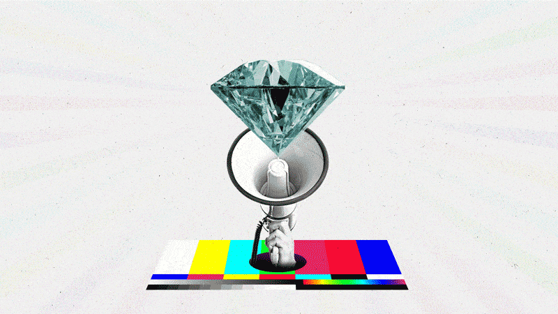 A jewel hovers over a megaphone bursting from the colored bars of a televisions screen.