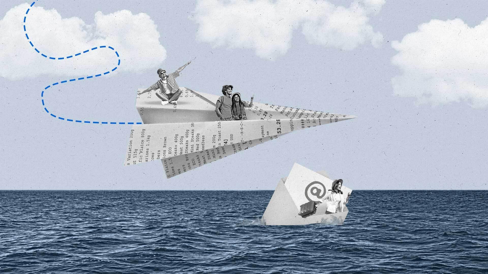 A paper airplane made of a receipt carrying two tourists flies above an envelope with an "email" symbol sailing in the ocean with a tourist inside.