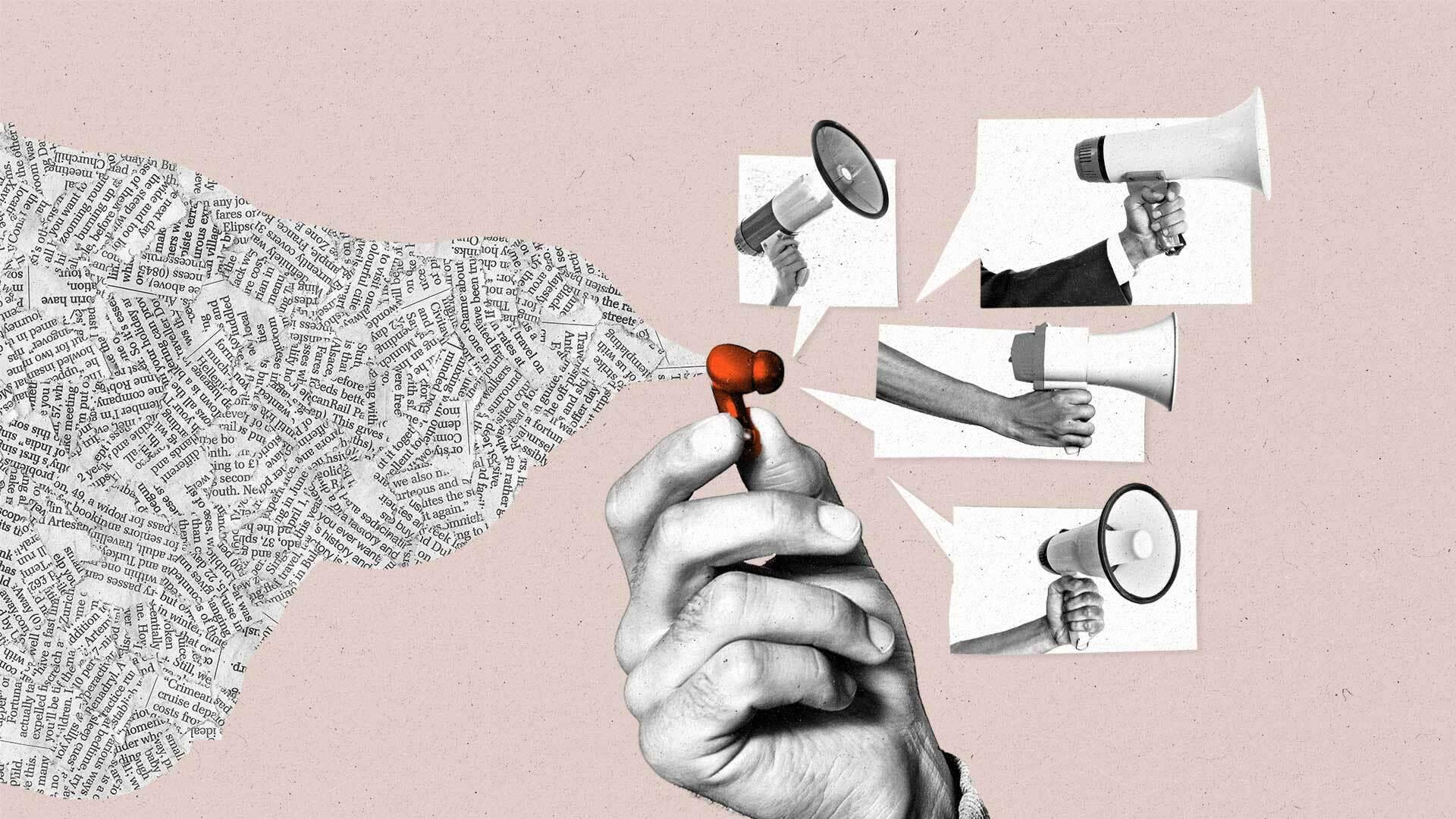 Strips of newsprint text goes into a handheld earbud and comes out as word bubbles featuring megaphones.