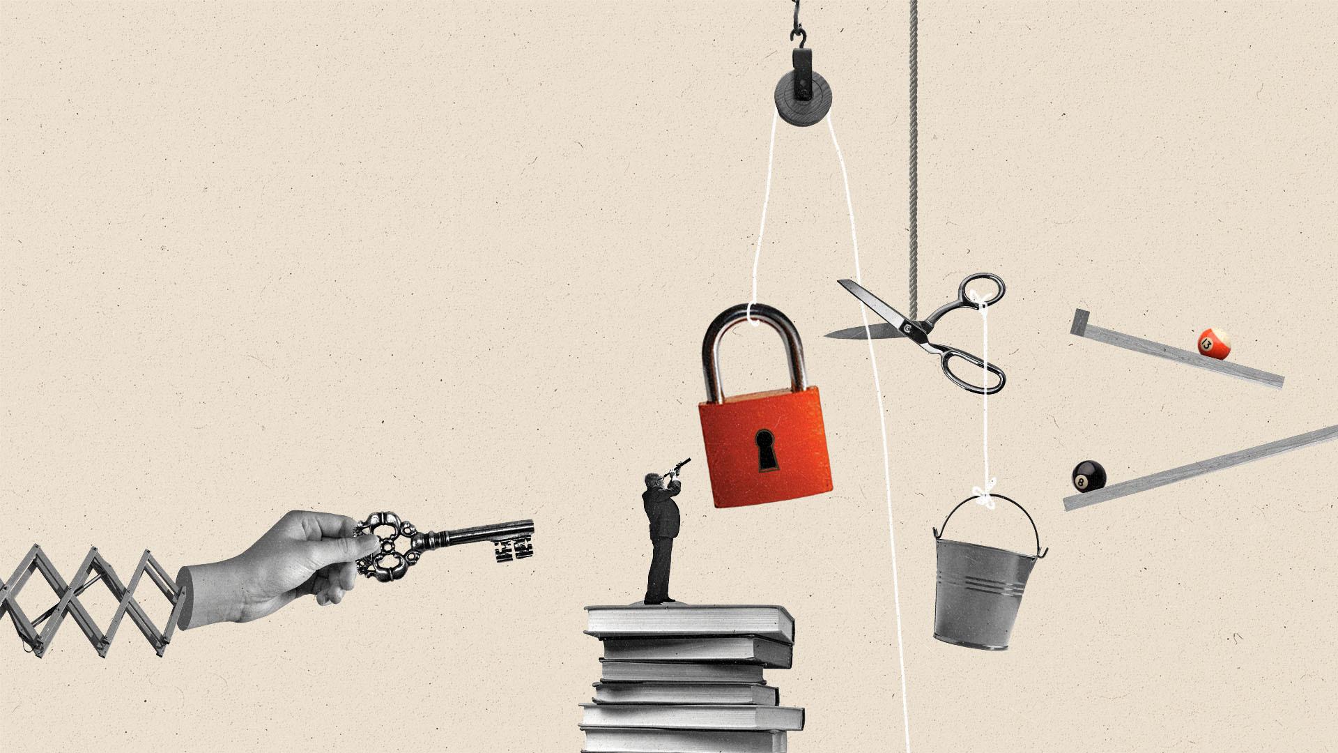 A complex Rube Goldberg machine incorporating a lock and key.