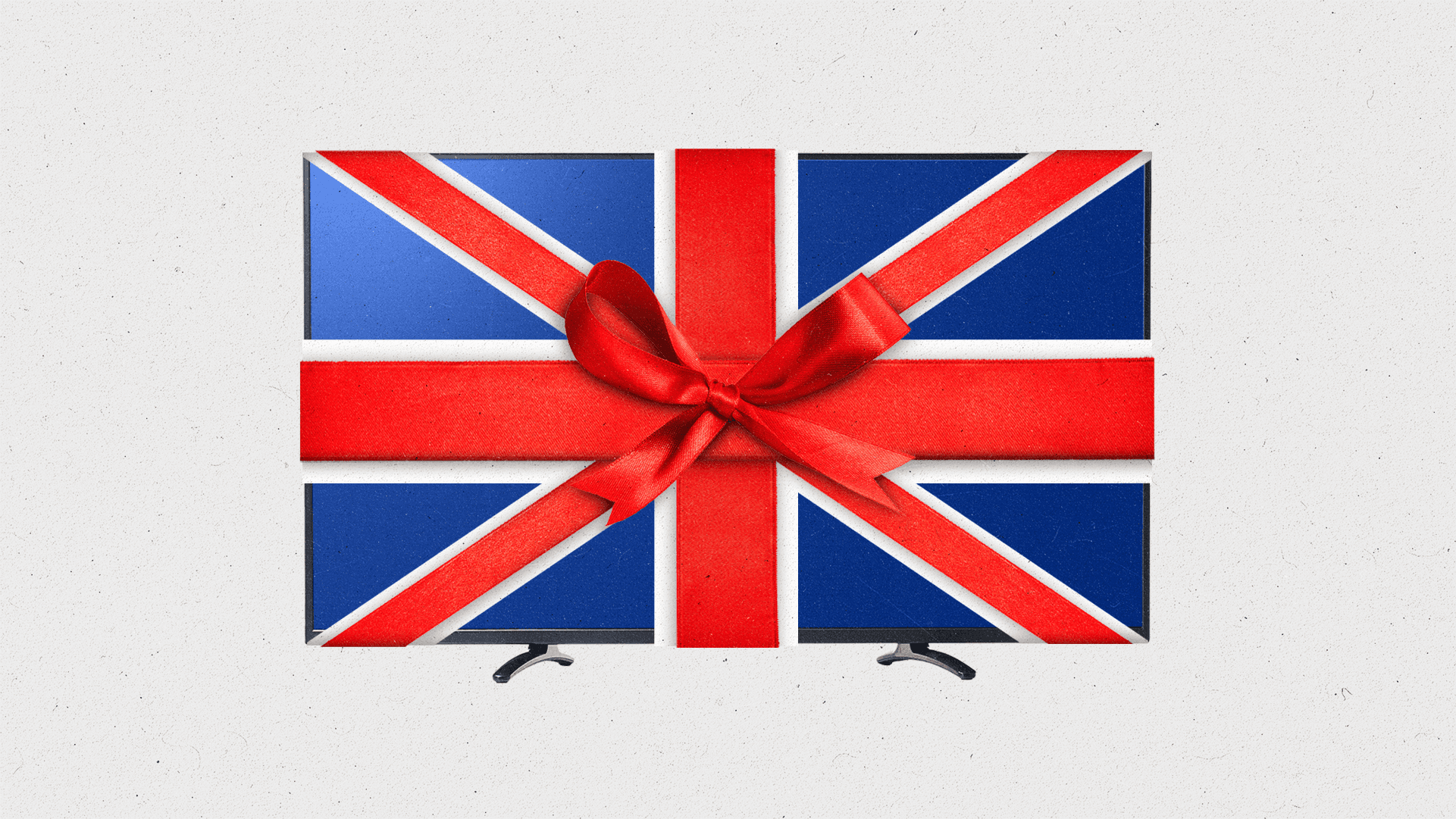 A TV with a blue screen, wrapped in red and white ribbons in the shape of the Union Jack