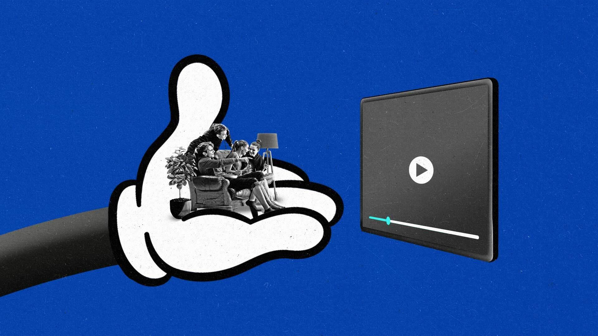 A cartoon hand with a white glove cradles a couch with people watching and reacting to a connected TV.