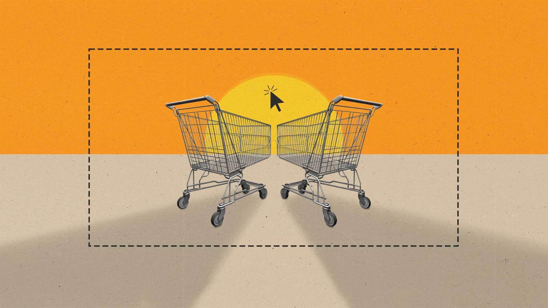 Two carts facing away from the viewer towards the setting sun, with a computer cursor clicking it.