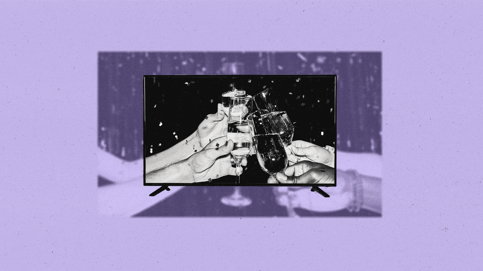 TV screen shows various images including people saying cheers with champagne glasses.