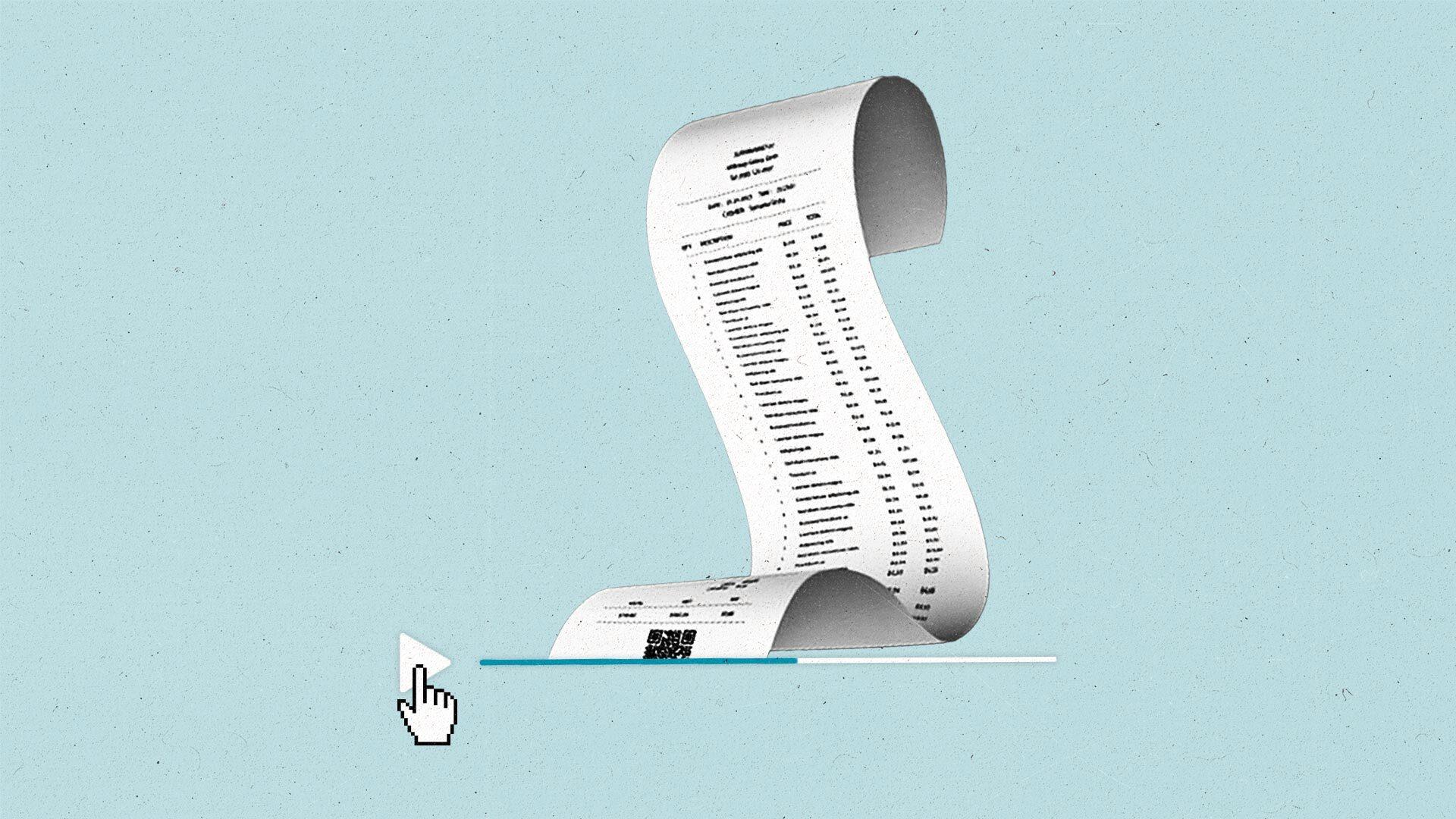 Cursor hovers over a video play button with a long receipt curling upwards in a wave.