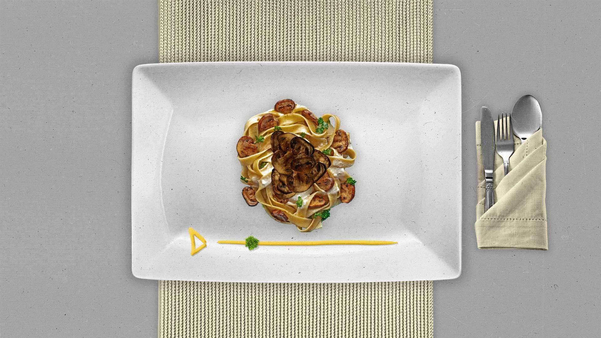 A plated dish of pasta is arranged to look like a play button with streaming UI.