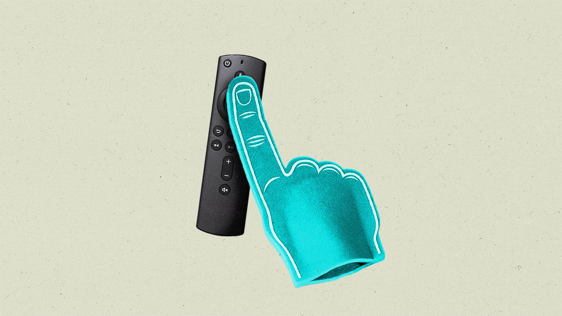 A bright turquoise colored foam finger presses the center button of a streaming service remote control.