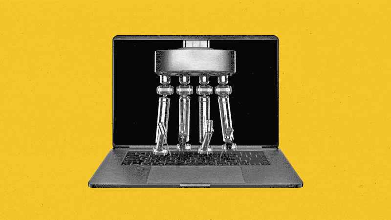 Robotic machinery coming out of a laptop screen types on the keyboard.