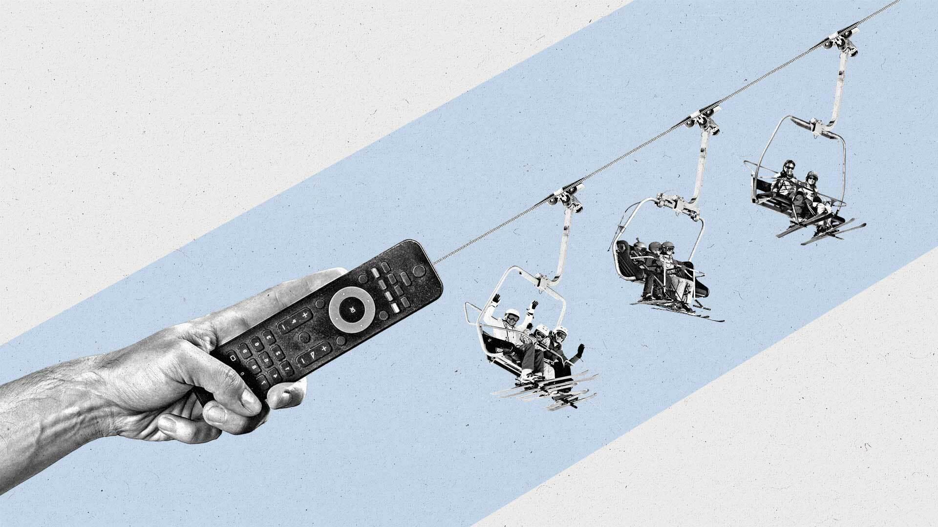 A ski lift holding people ascends from a Connected TV remote.