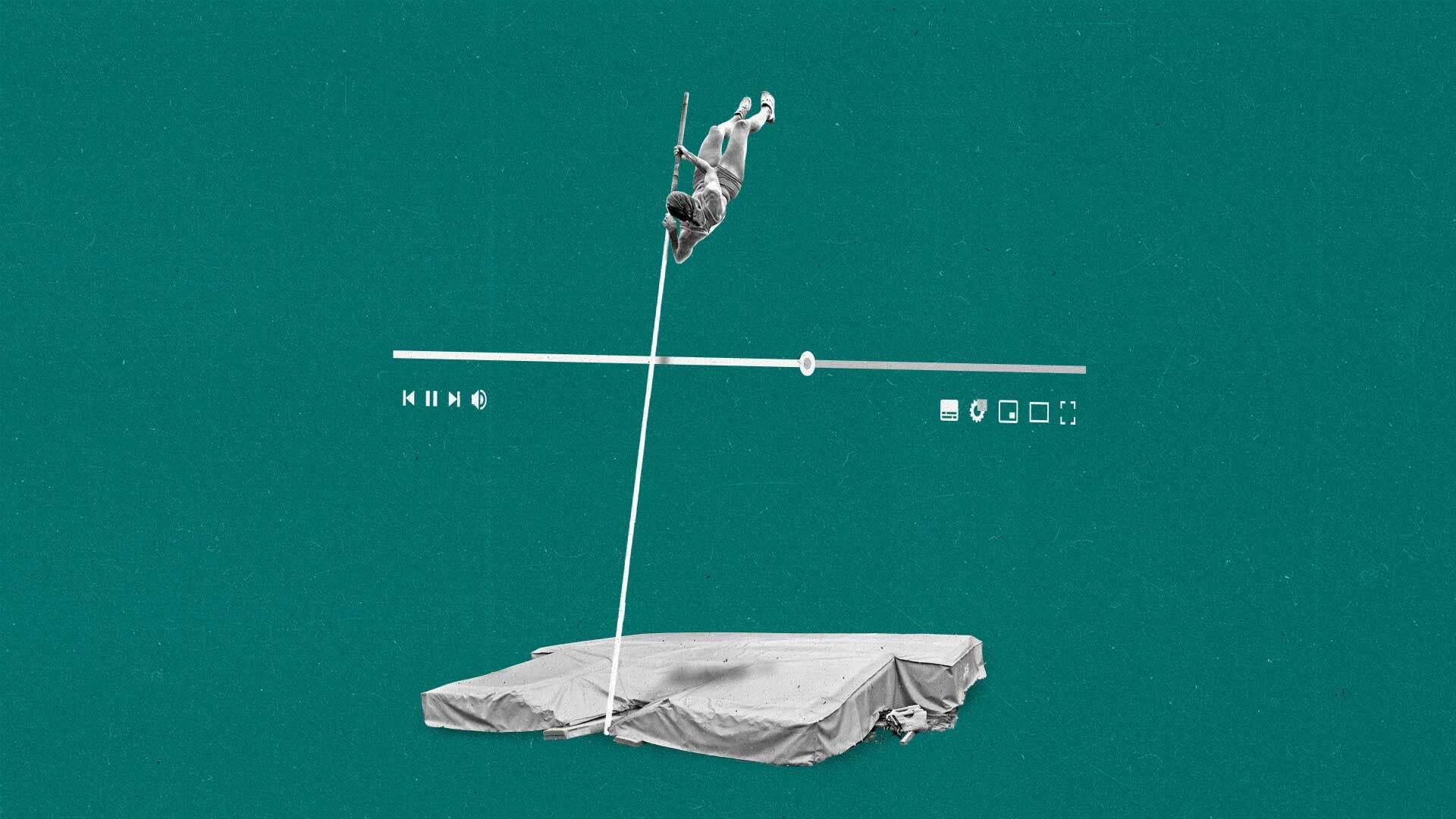 A pole vaulter vaults over a streaming UI progress bar.