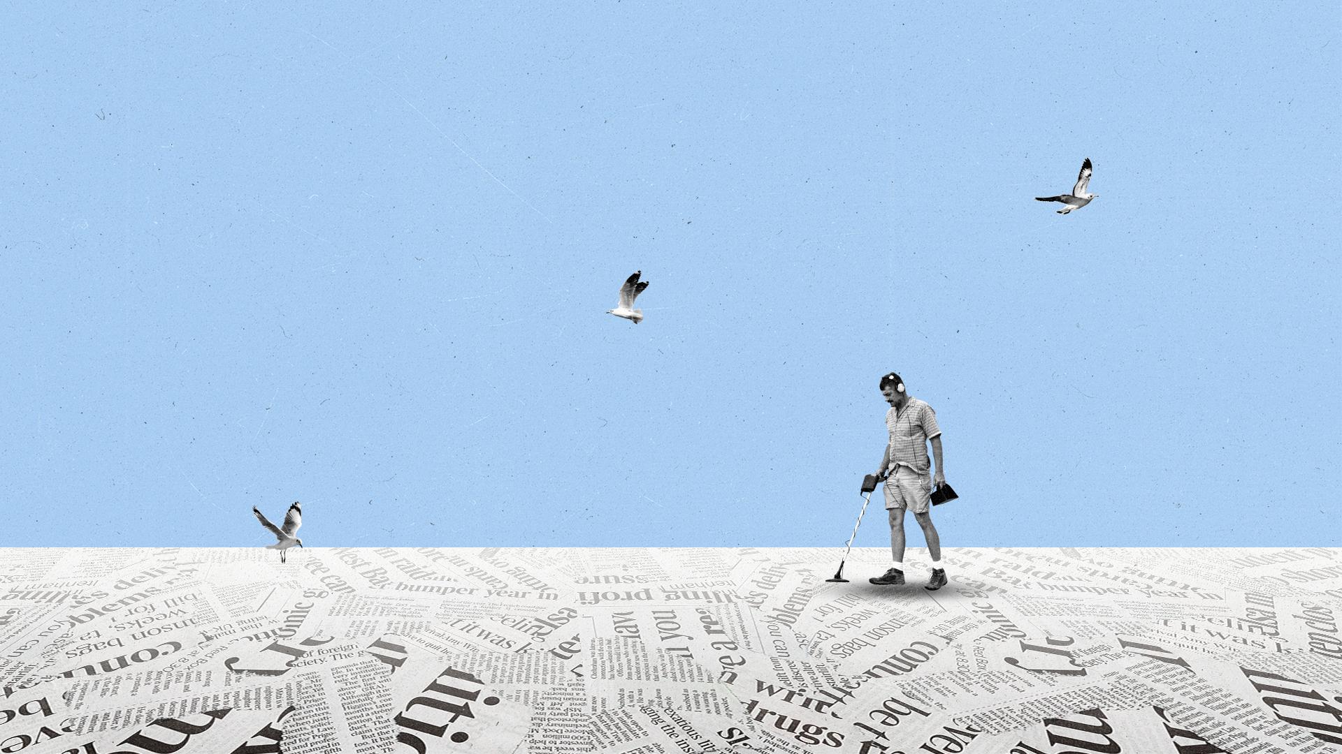 A man searches for treasure using a metal detector on a beach made of newspapers with seagulls flying overhead.