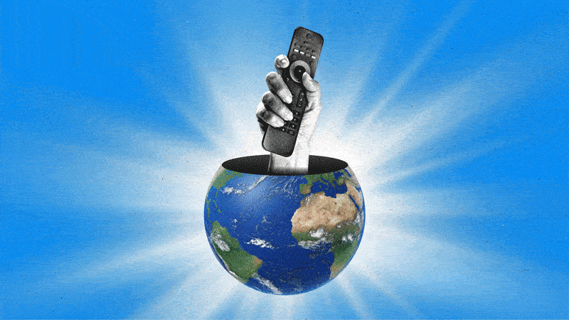 A shining globe spins as a hand emerging from inside holds a connected TV remote in the air.