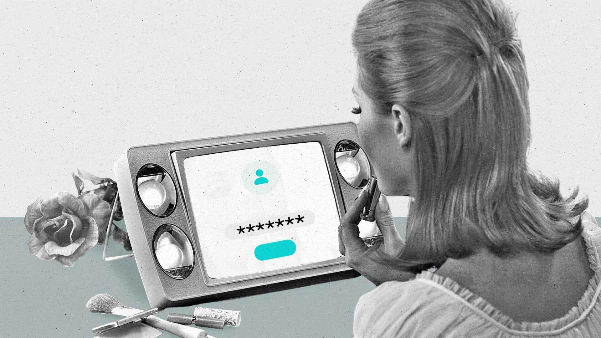 A woman applies lipstick while looking into a vintage mirror with a login screen on it.