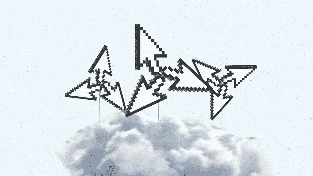 Three wind power turbines made out of arrow cursors spin on top of a cloud.