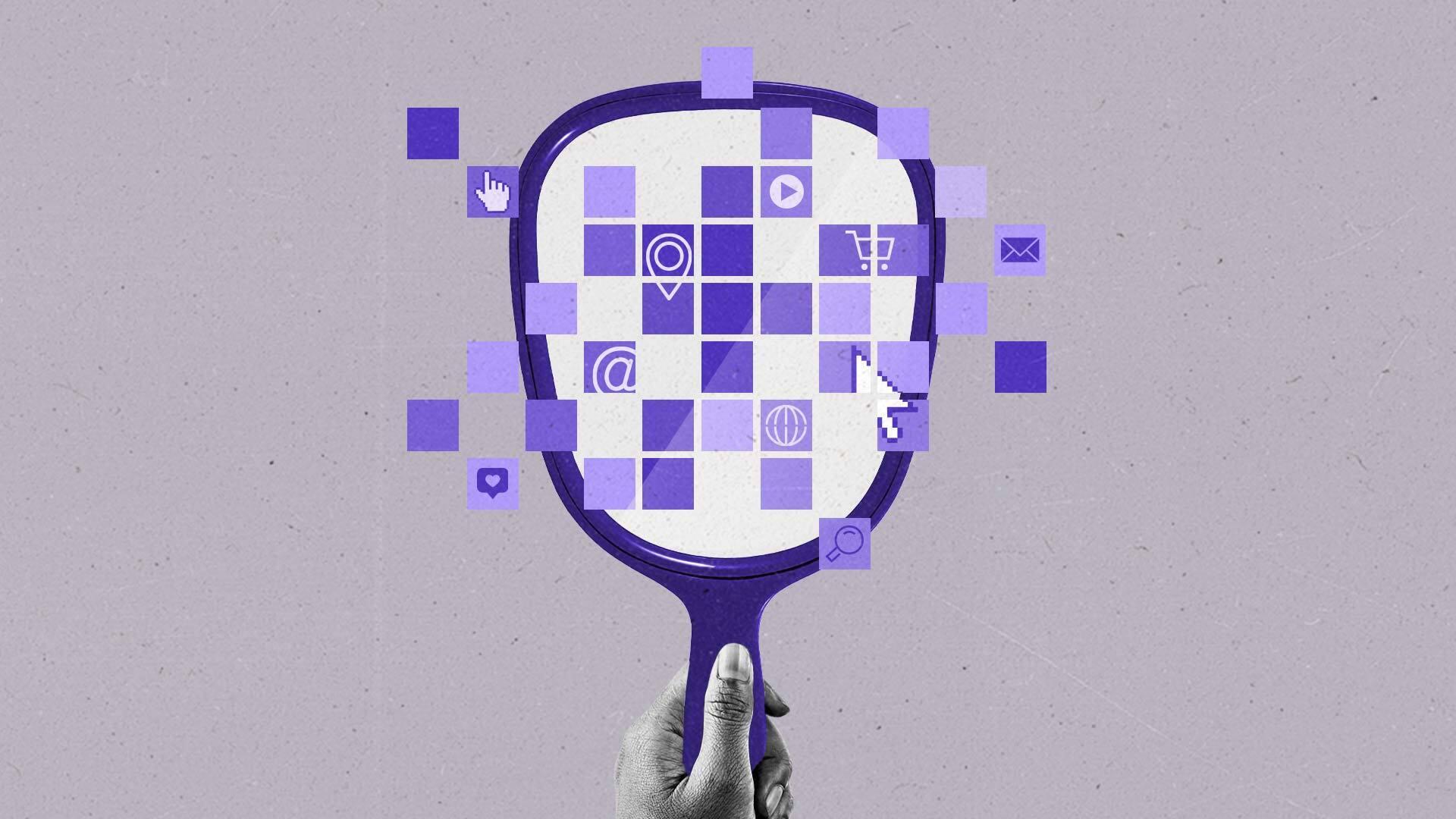 Person holds a mirror with pixelated squares hovering over the mirror with internet icons.