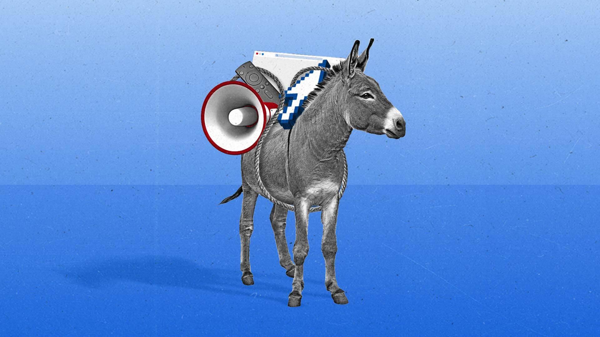 A donkey stands in front of a blue background with a microphone, web browser and cursor strapped to its back.