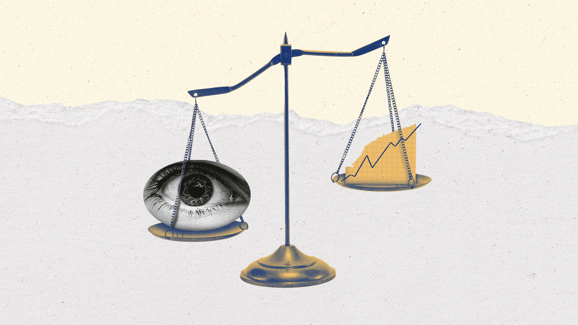 A scale with a blinking eye on the lower side and a rising chart and graph paper on the higher side