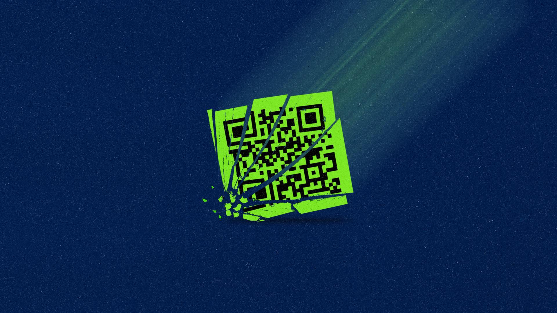Shattered green QR code on a dark blue background.
