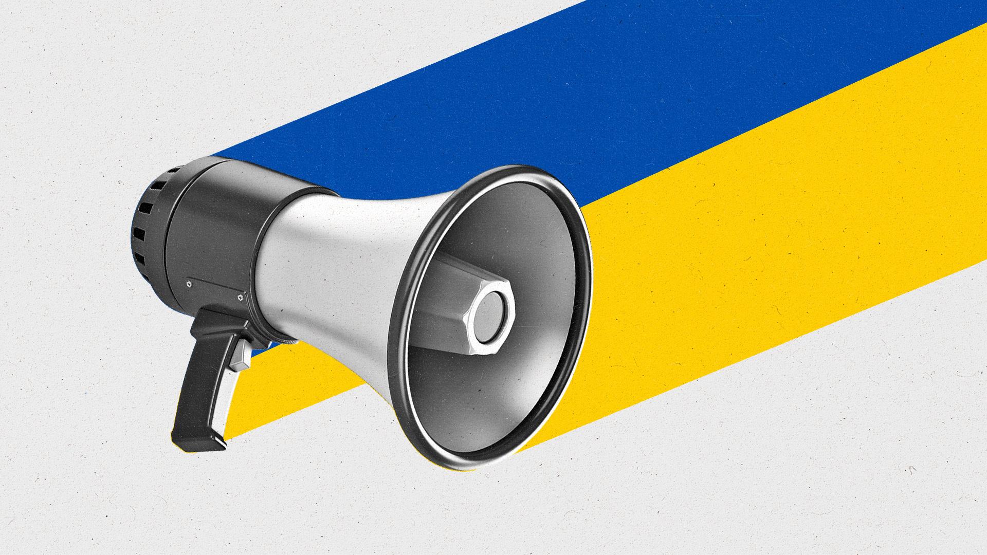 Megaphone with a Ukrainian flag emerging from it's side.