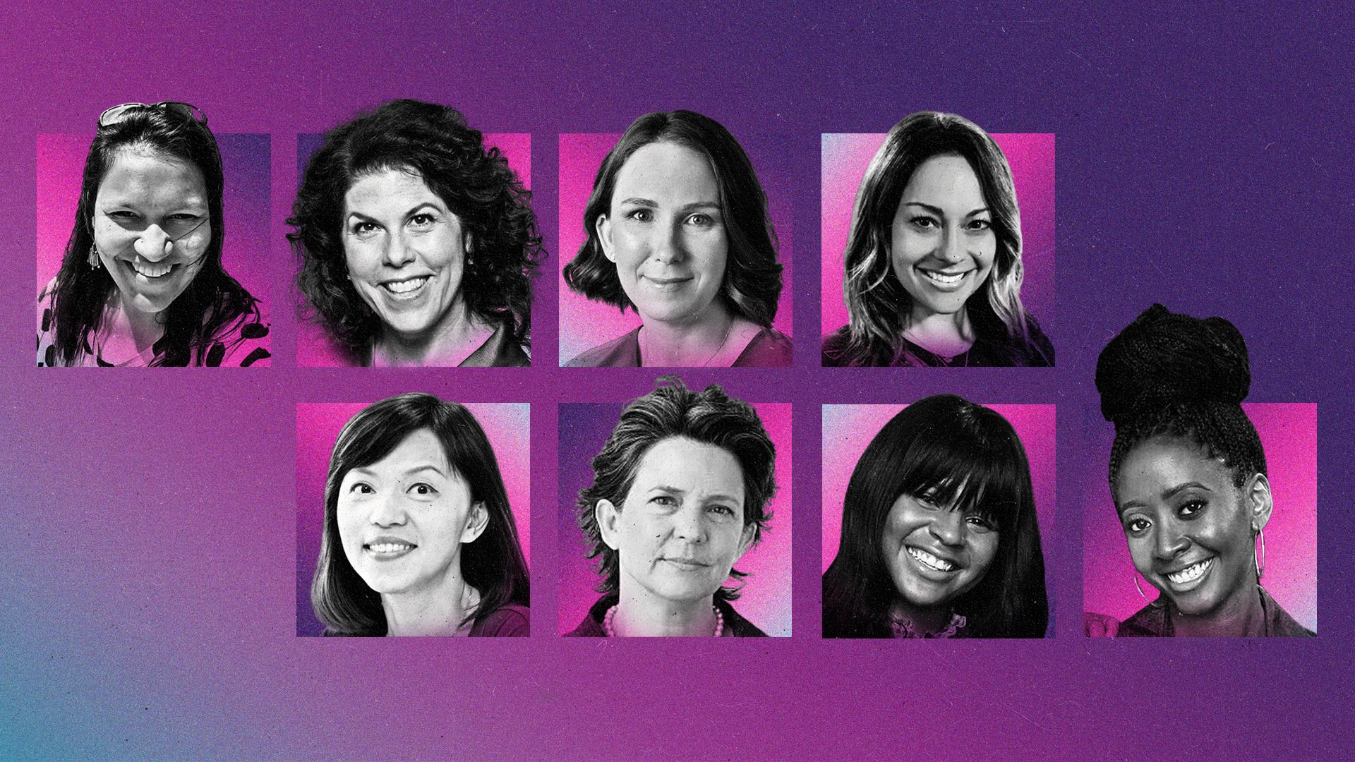 Headshots of eight women overlayed on pinkish squares with a purple background.