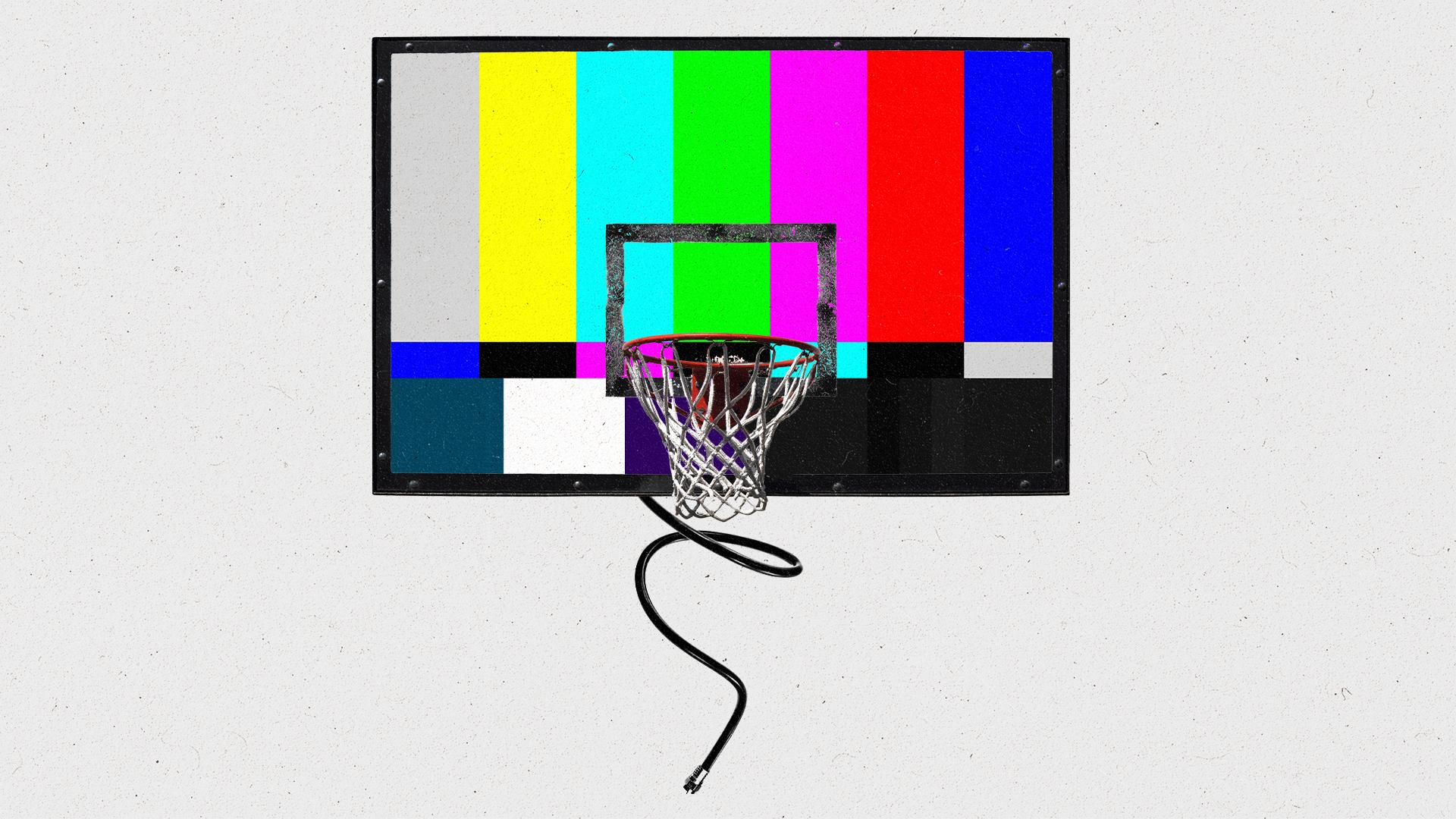 Basketball net with a TV screen as the backboard and a cord emerging from the bottom of the screen.