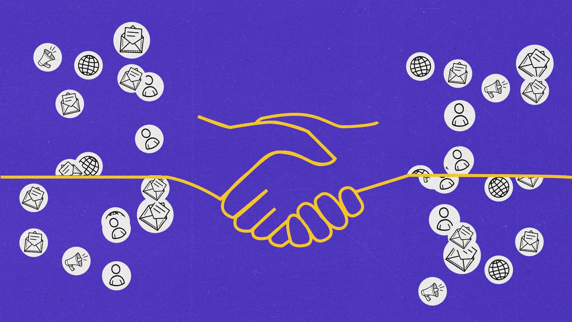 Two illustrated hands meet in a handshake with various icons scattered around.